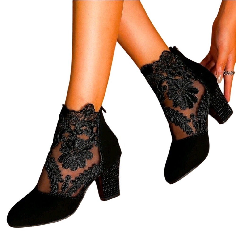 Black Lace Ankle Boots Women Chunky Heel Pointed Toe Zipper Closure size 8 us